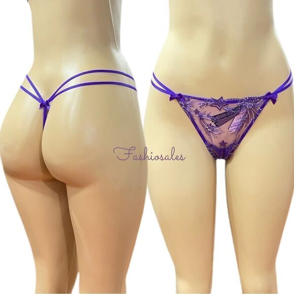 Victorias Secret Very Sexy Starstruck Mesh V- string thong panty Bright violet - Picture 8 of 8